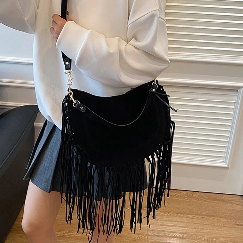 البوهيمي طويل شرابة حقيبة كتف نصف القمر فو الجلد المدبوغ حقائب كروسبودي للنساء مصمم حقيبة تحت الإبط حقائب يد جديدة حقائب النساء