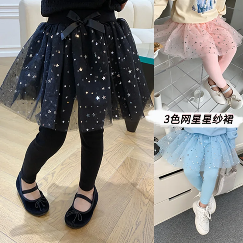 

Girls' Bottoming Skort Spring and Autumn Outer Wear Pants2024New Fake Two Pieces Children Princess Star Mesh