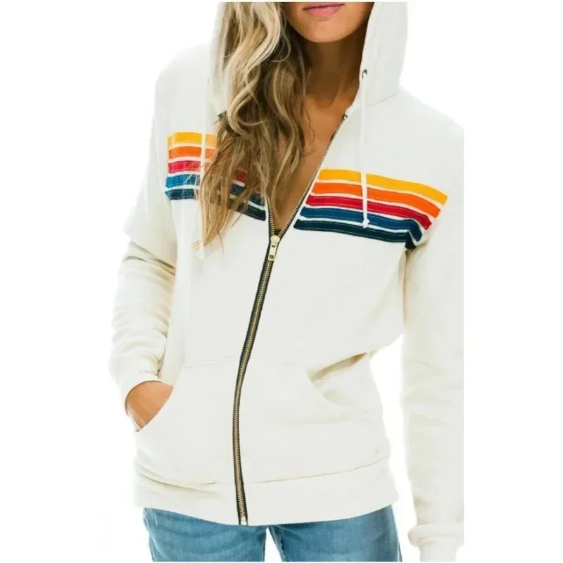 Autumn Unisex Women\'s Aviator Nation Long Sleeve Hooded Sweatshirts Casual Zipper 5 Stripe Rainbow Hoodies Jacket Coat