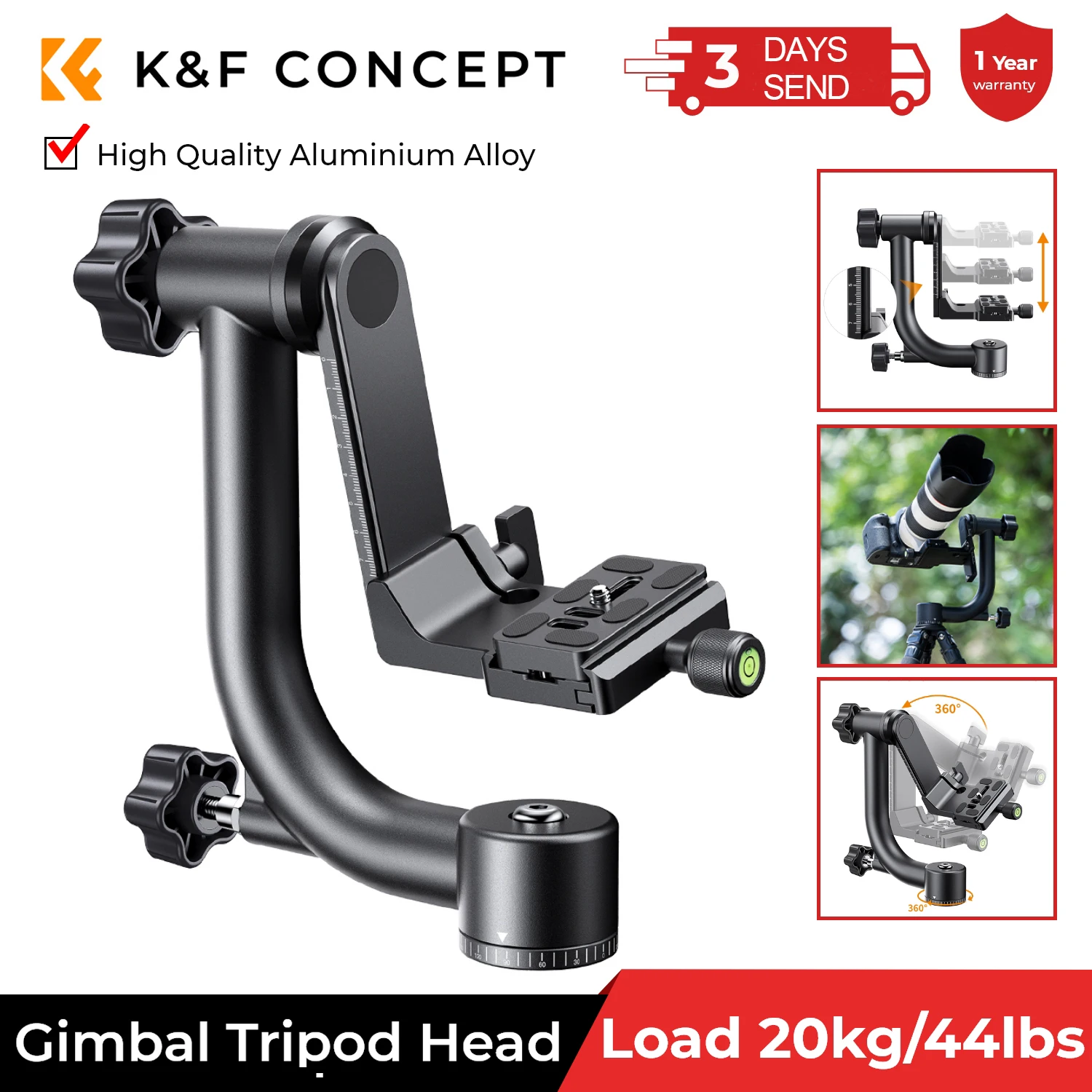 K&F Concept Tripod Head Aluminum Alloy 360 Degree Panoramic Gimbal Bird Tripod Head with 1/4 Standard Quick Release Plate