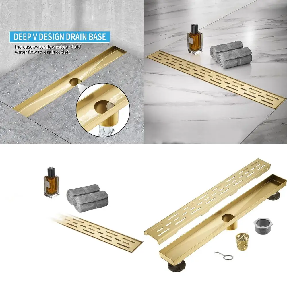 Sifone doccia da 32 pollici in acciaio inox spazzolato oro con griglia rimovibile, scarico a incasso, filtro per capelli incluso