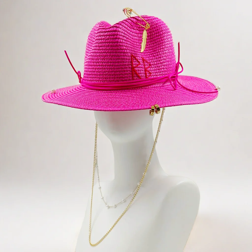 Personalized hat straw hat pearl chain DIY jazz hat sun hat new letter hat beach hat men\'s and women\'s punk hat candy color