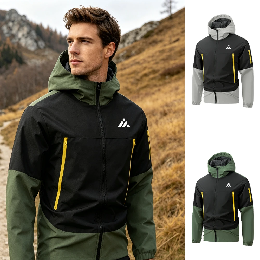 Men's Fun Geometric Print Zip Up Hooded Jacket Multi Pocket Color Block Windbreaker For Autumn Outdoor Hiking Commute And Sports