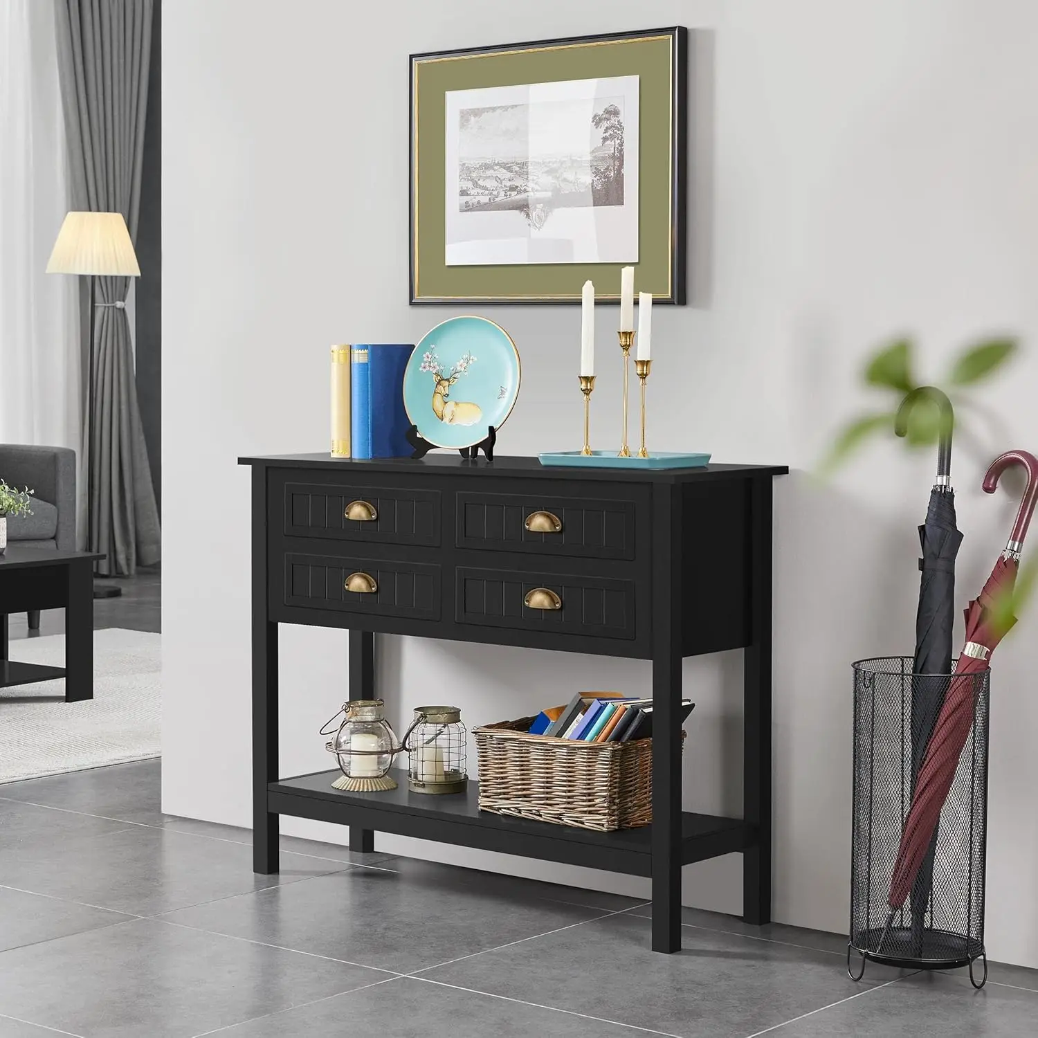 

Console Table with 4 Drawers, Sofa Side Table with Bottom Open Storage Shelf, Heavy-Duty Entryway Table for Hallway