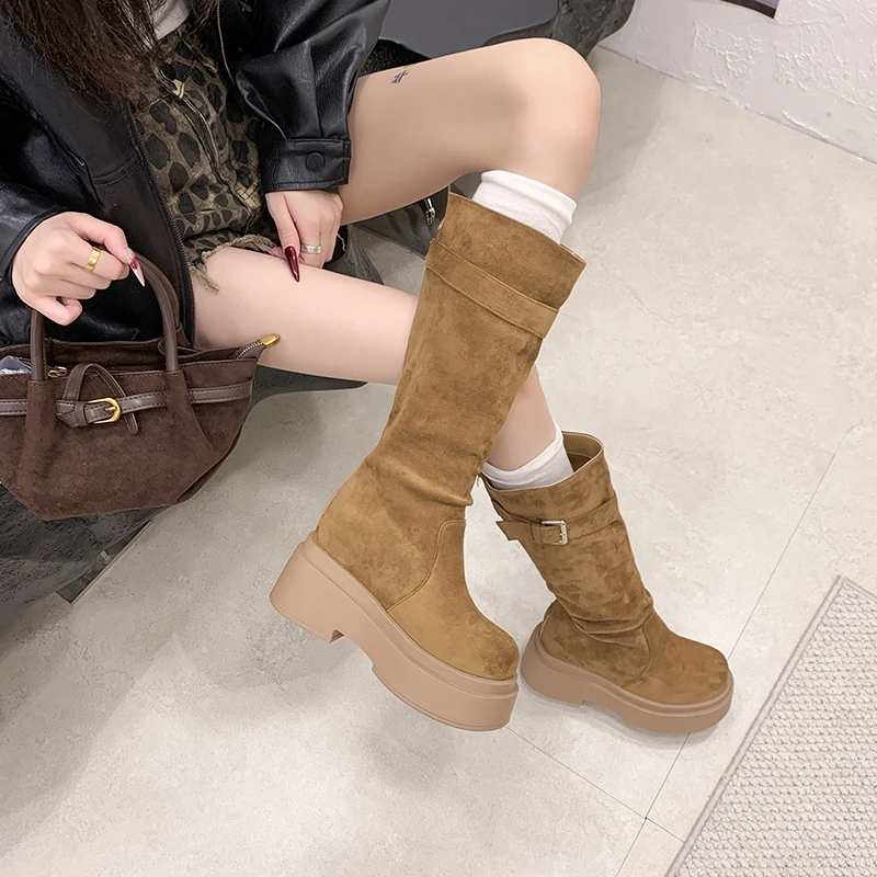 2026 New 10cm Autumn Winter Round Head Coarse Following Fashion Suede Knight Boots Motorcycle Boots Platform Slip on Women Shoes
