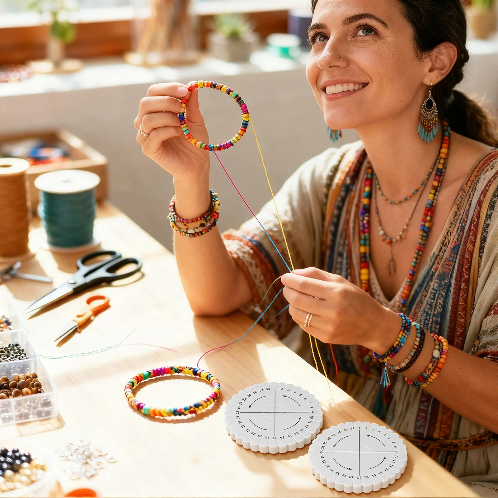 

4pcs Braiding Weaving DIY Tools Square Beading Cord Disc Round Discs Portable Jewelry Making Kit Weaving Disk EVA Plates