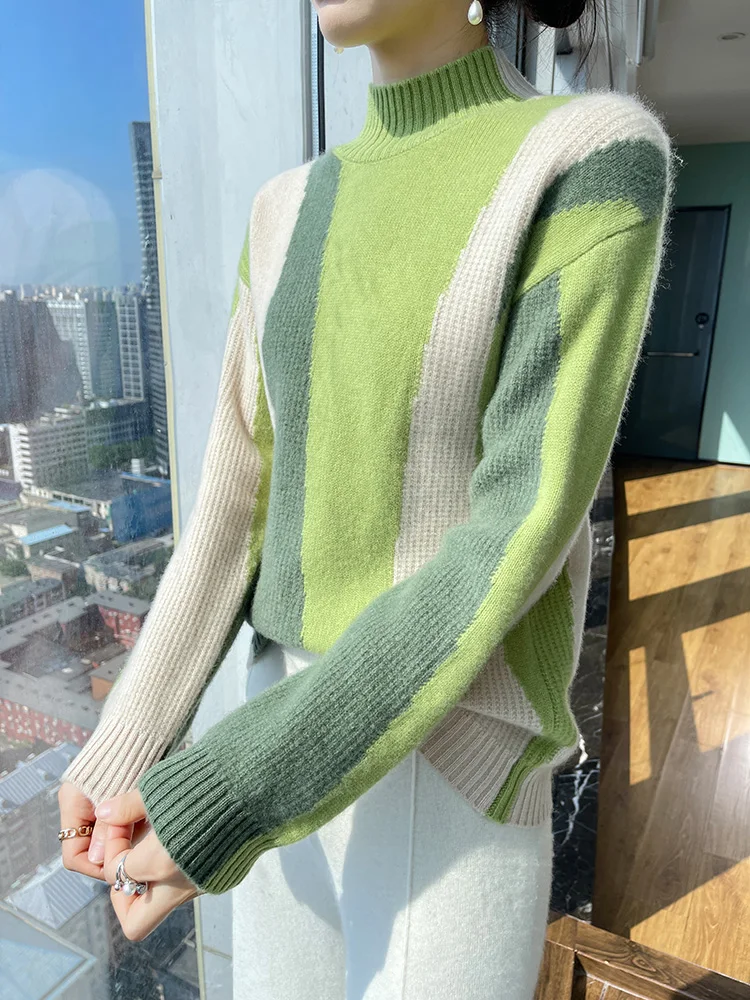 Korean retro contrast striped turtleneck pullover women's autumn and winter temperament long-sleeved cashmere sweater