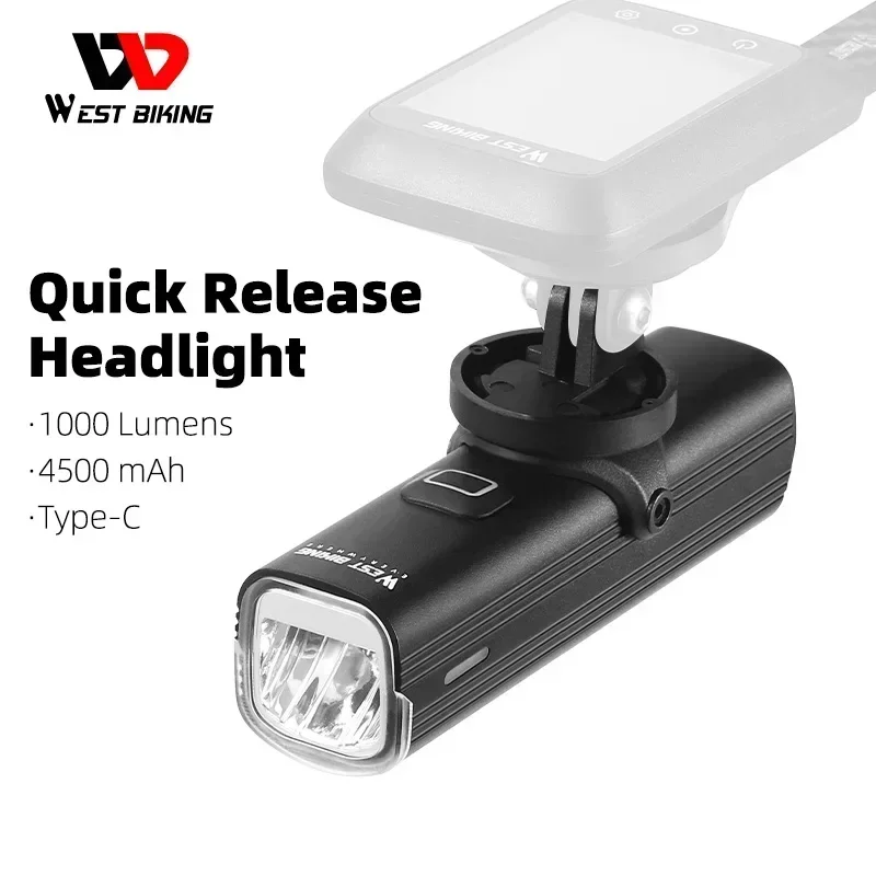 WEST BIKING Bicycle Quick Release Headlight 1000 Lumens Bike Front Light 4500mAh Type-C Rechargeable Cycling LED Flashlight