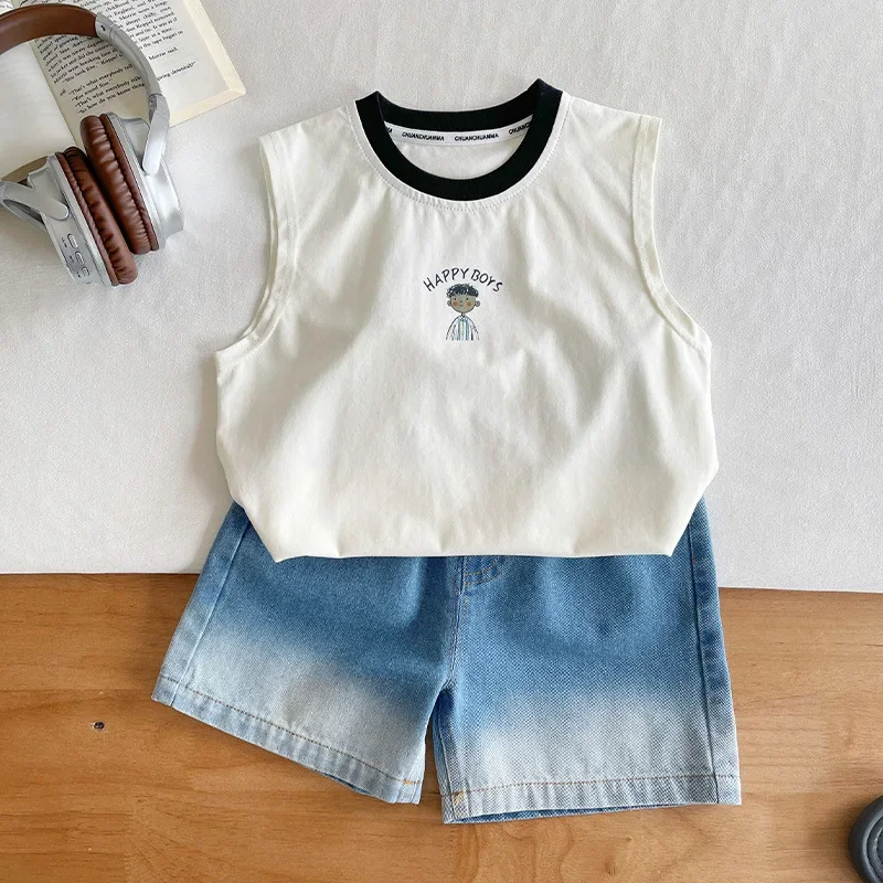 2024 Summer New Children's Clothing Children's All-Match Cartoon Sleeveless T-shirt Trendy Boys' Color Effect Collar Vest