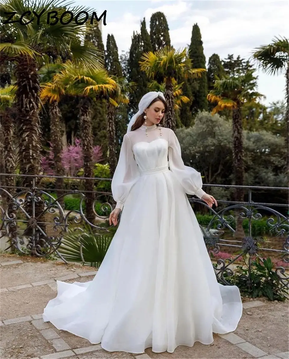 

Elegant High Neck Full Sleeves Chiffion Bow A-line Wedding Dresses 2024 Court Train Floor Length Bridal Gowns Vestido De Noiva