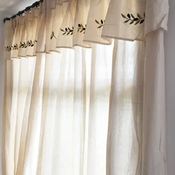 Semi-Blackout Curtains with Valance, Embroidered Beige Window Curtains, Handmade Cotton, Olive Branches, Pastoral Home Decos