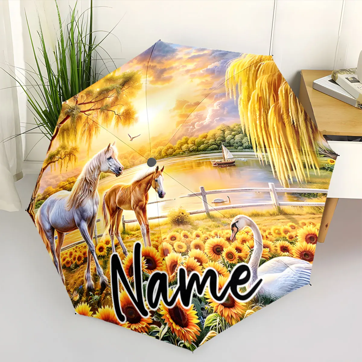 Custom Name Umbrella Horses in a Sunflower Field Print 8 Iron Ribs Folding Umbrella Auto-Open Fashion Sunshade
