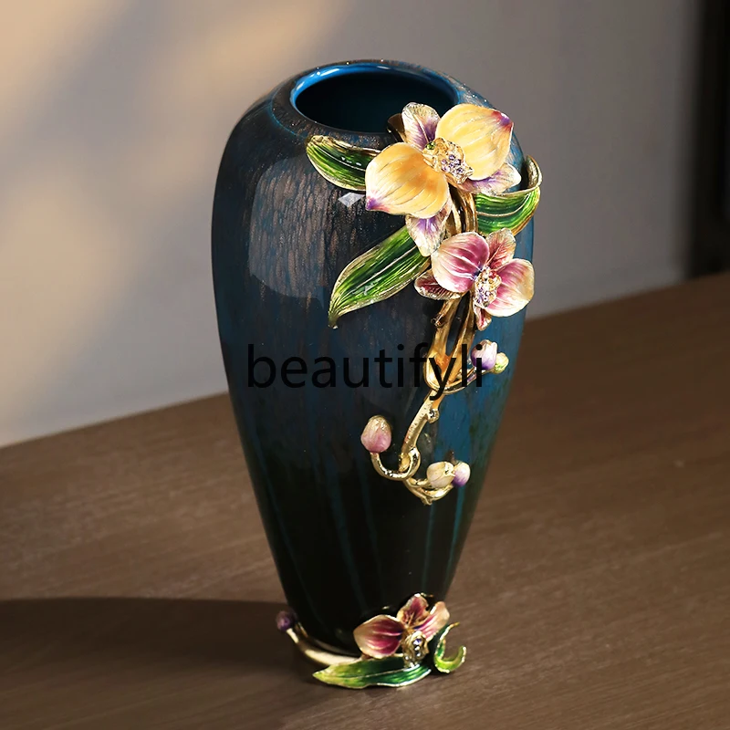 Enamel ceramic large vase handicrafts living room light luxury high-end high-end porcelain Chinese decorative ornaments