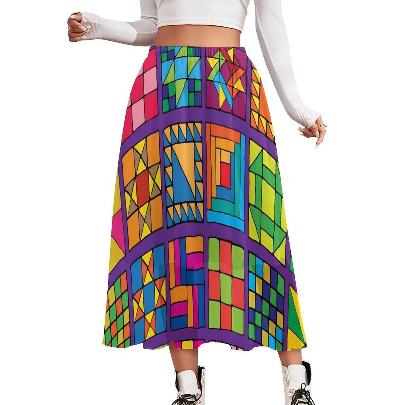 Retro Color Block Chiffon Skirt Patchwrok Print Harajuku Long Skirts Woman Trendy Boho Skirt Design Clothing Gift Idea