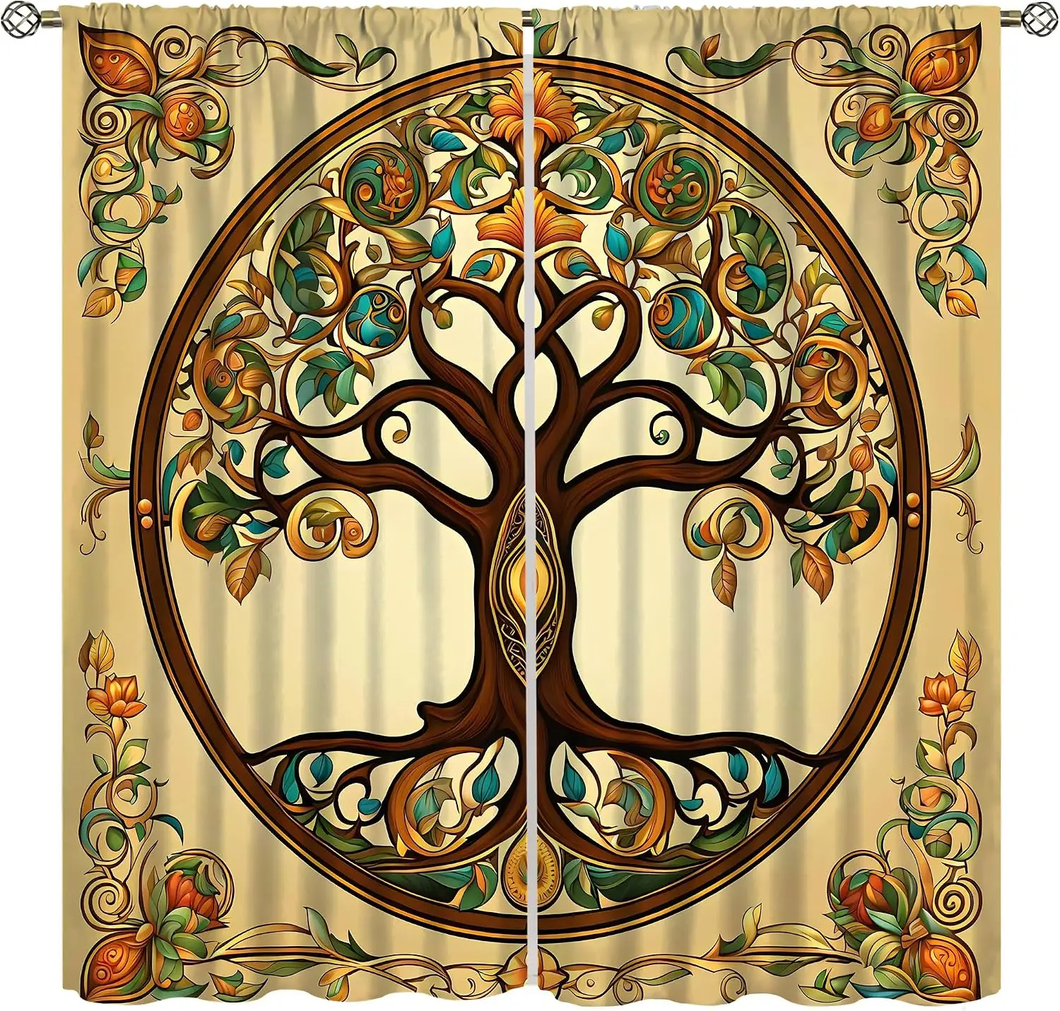 Celtic Tree Of Life Curtain Vintage Swirl Floral Frame Cream Beige Base Light Filter Drape For Bedroom Living Room Homestay
