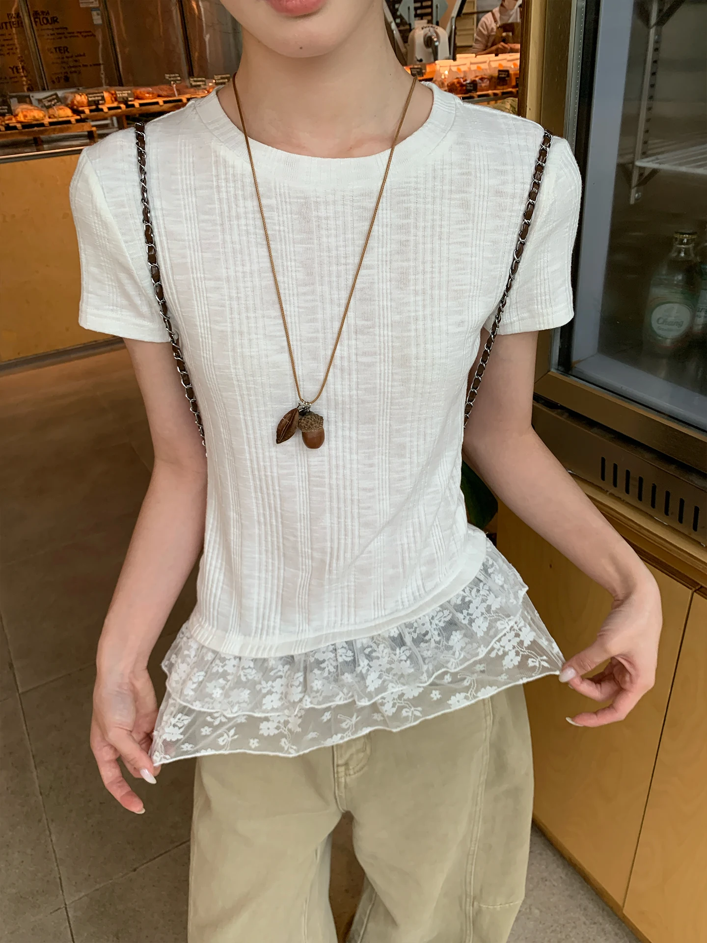 Song Zhengen White round Neck Short Sleeve T-Shirt Women's Slim Fit Korean Design Lace Trim  Top Summer Commute Style