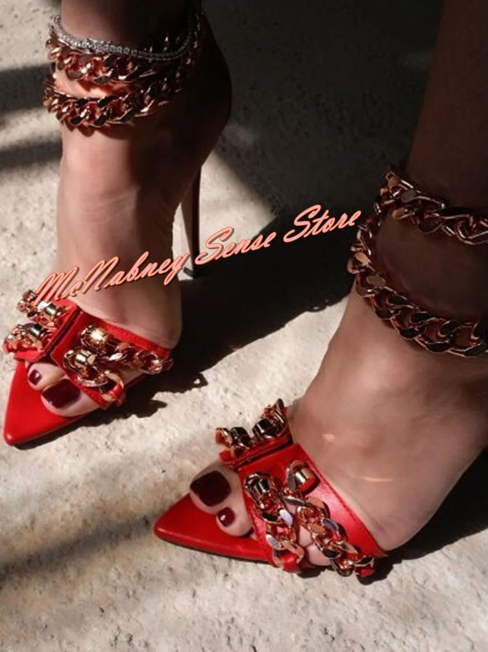 Metal Chain Pointy Toe Sandals Solid Stiletto Heels Buckles Straps Sandals Women Sexy Shoes Summer Party Fashion Big Size Shoes