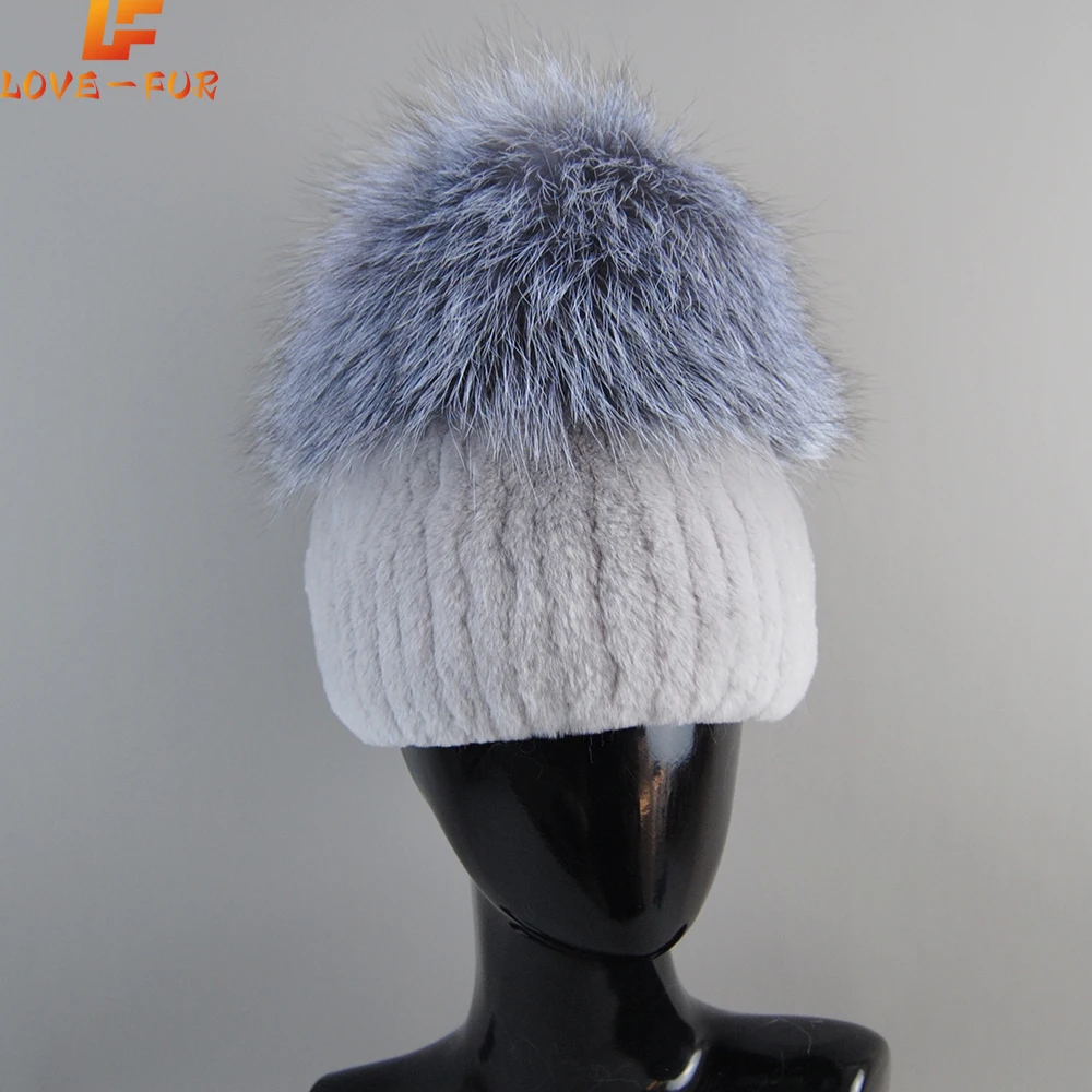 Lady Real Fur Cap Wholesale New Good Elastic Natural Fluffy Silver Fox Fur Hat New Winter Women Knitted Real Rex Rabbit Fur Hats