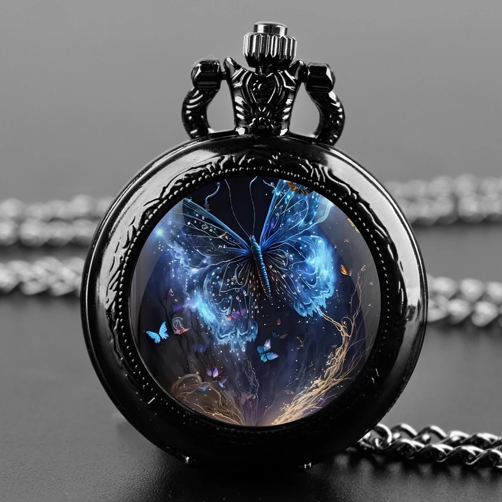 Blue Butterfly Design Glass Dome Quartz Pocket Watch With Durable Chain Arabic Numeral Dial For Men And Women Creative Gifts