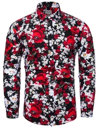 Camisas florais com estampa 3D masculina, manga comprida, tops casuais, roupa sexy, gola virada para baixo, slim fit, flor de rosa, moda nova, 6XL