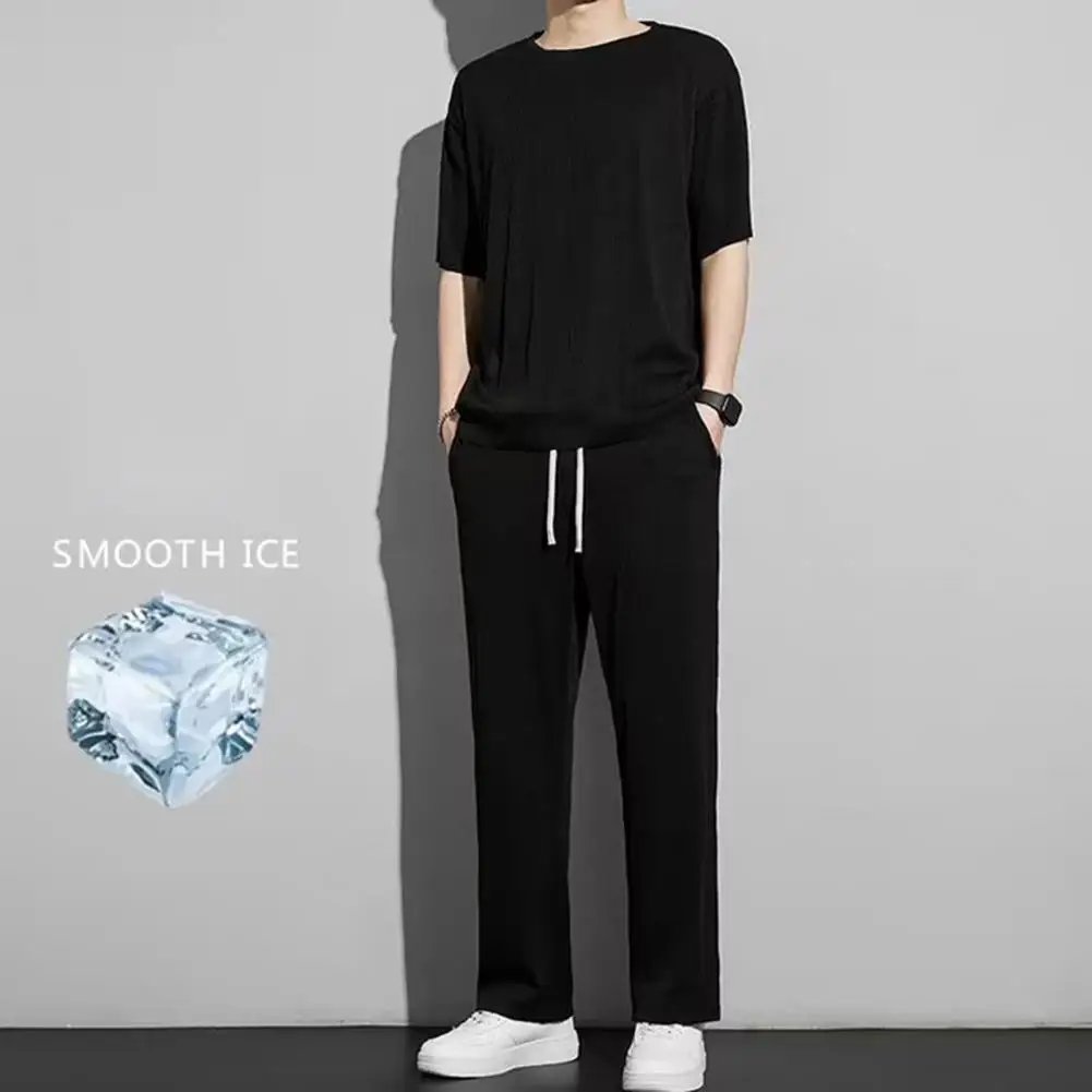 Men Athletic Clothing Set Men's Summer Casual Outfit Set O-neck Short Sleeve T-shirt Wide Leg Pants with Drawstring for Everyday