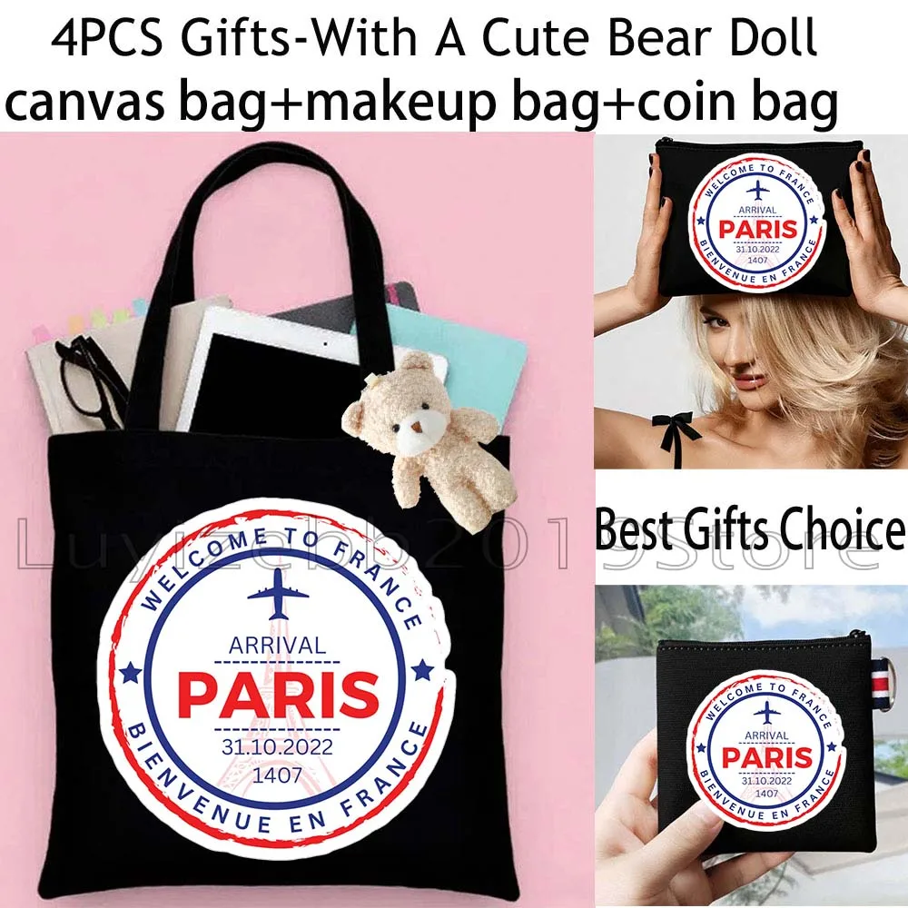 4PCS Travel The World Spain Paris Rome Passport Stamp Gifts Canvas Tote Bag Handbag,Cosmetic Makeup Bag,Coin Purse Wallet Pouch