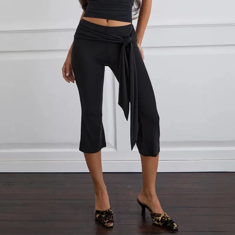 Vrouwen Y2k Polka Dot Gedrukt Capri Leuke Laagbouw Stretchy Cropped Broek Zijvlinderdas Skinny Capri Legging Uitgaan