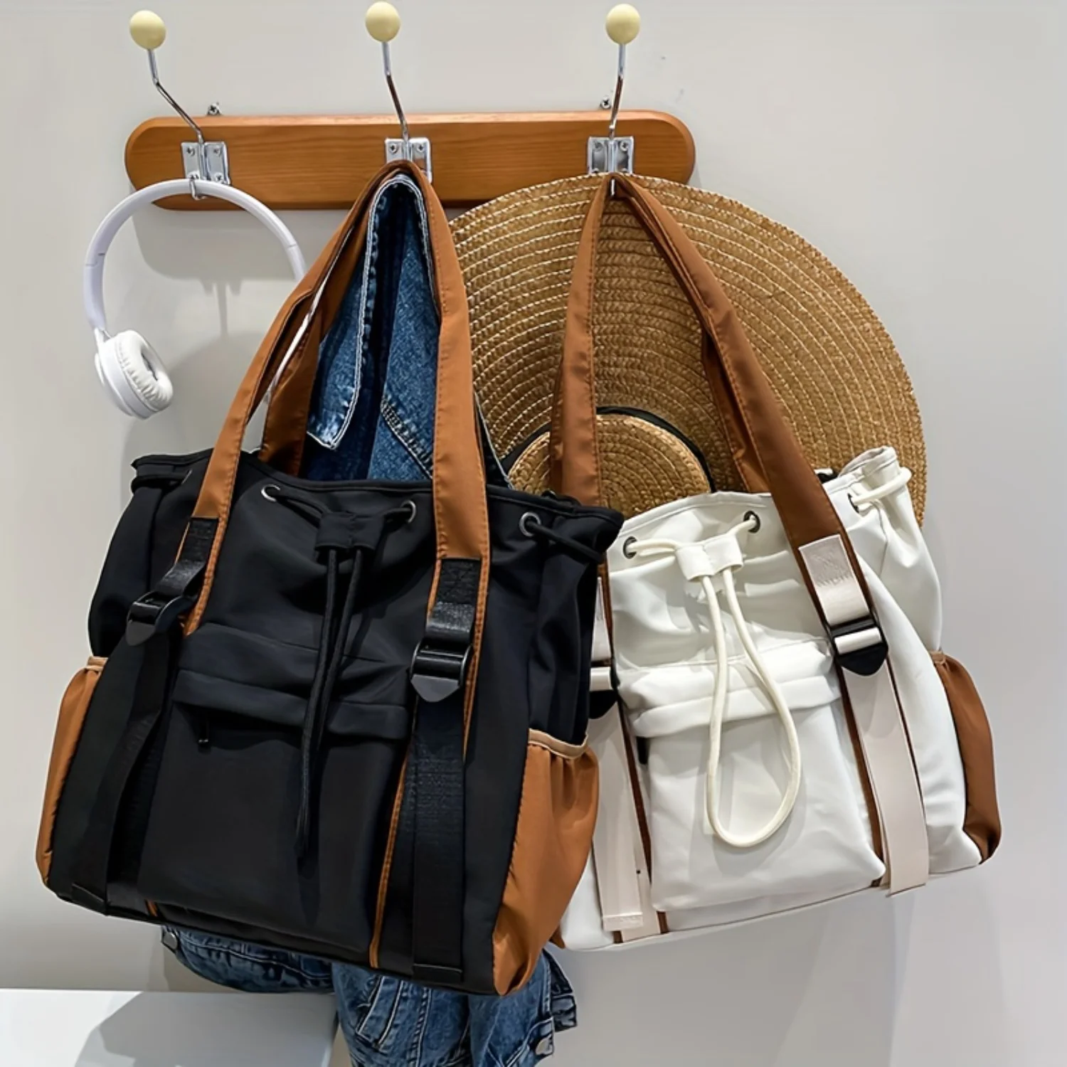 

Contrast Tote Bag with Multi Pockets - Ideal for School, Work, Travel