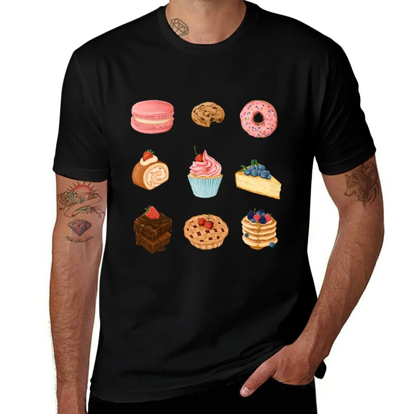 Camiseta con ilustraciones de postres, macaron, galleta, donut, pastel, tarta, panqueques, brownie, fudge, camiseta informal de algodón suave de manga corta