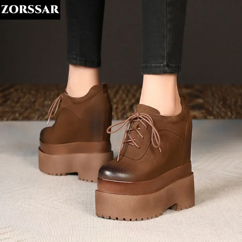 

Women Sneakers Leather Casual Platform Trainers Brown Shoes 16CM Heels Autumn Wedge Breathable Woman Height Increasing Shoes New