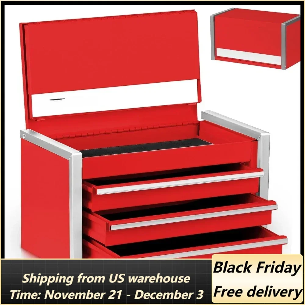 Mini Red Tool Box, Portable 3 Drawer Steel Tool Box with Magnetic Tab Locking, Red Micro Top Chest with Liner for Tools Storage,