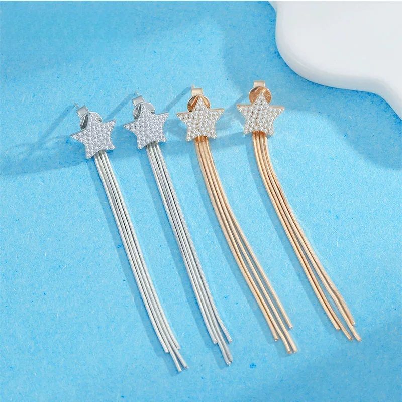 TY S925 Sterling Silver Moissanite Tassel Stud Earrings for Women Bohemian Style Wearable Two Ways, Star and Meteor Ear Jewelry