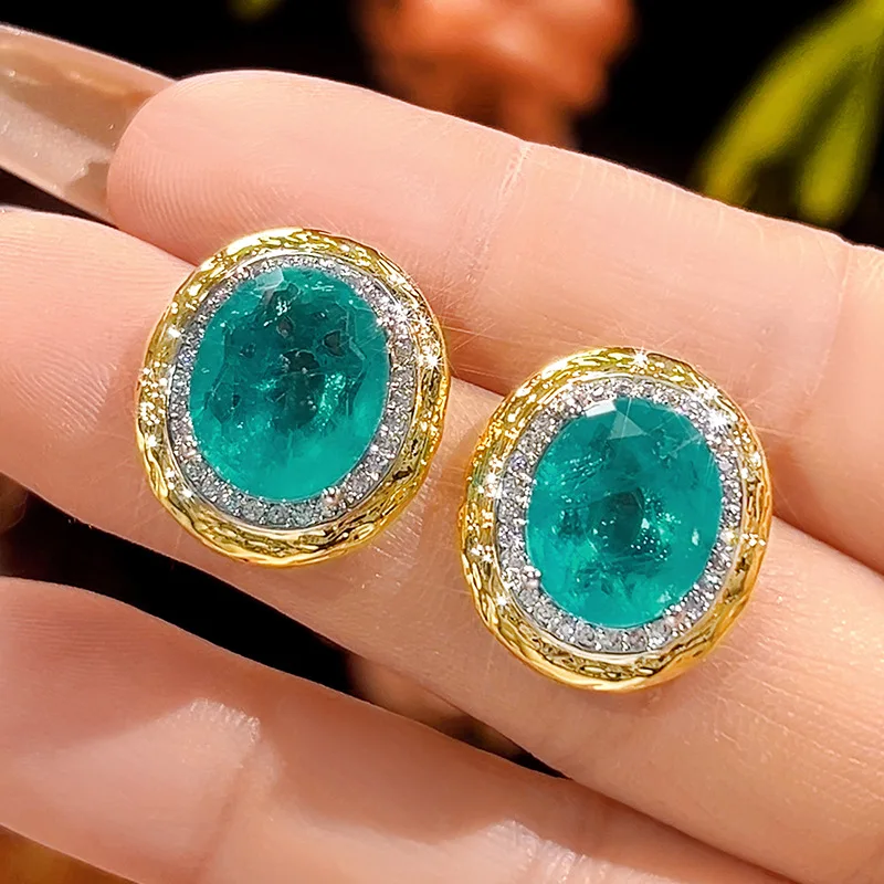 Two-tone Gold Plated Oval Simulated Paraiba Jewelry Set for Women Zircon Inlaid Necklace Earrings Ring Luxury Party Jewelry