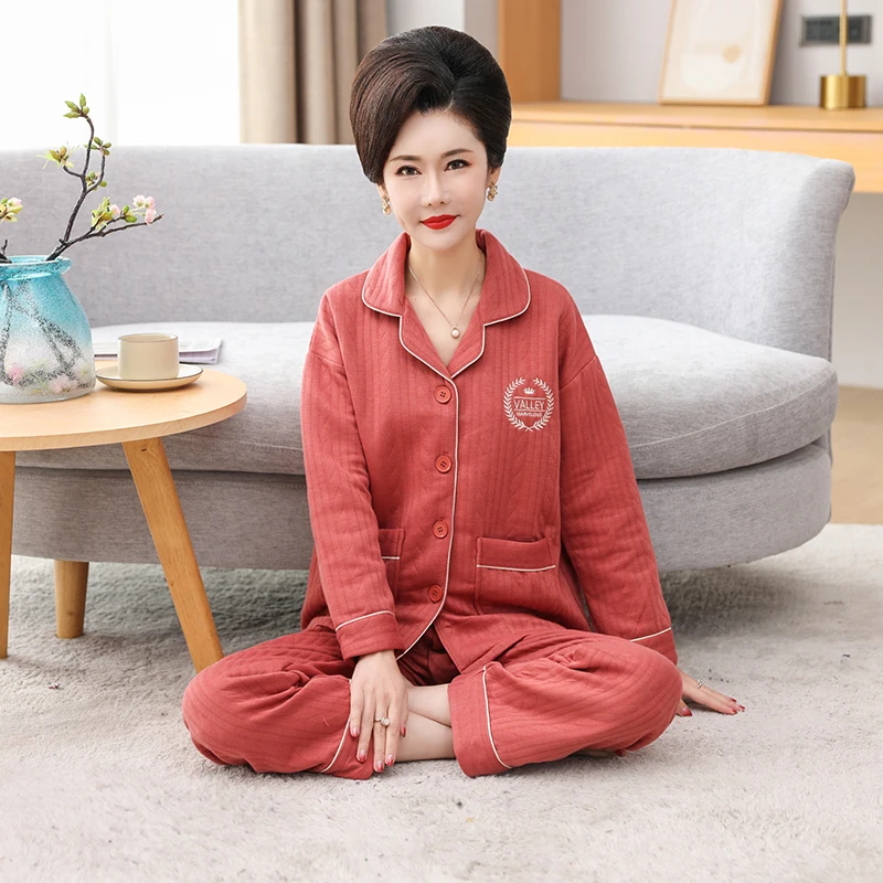 

Women air clip cotton pijama winter three-layers pyjama ladies turn-down collar sleepwear thick warm sleepwear