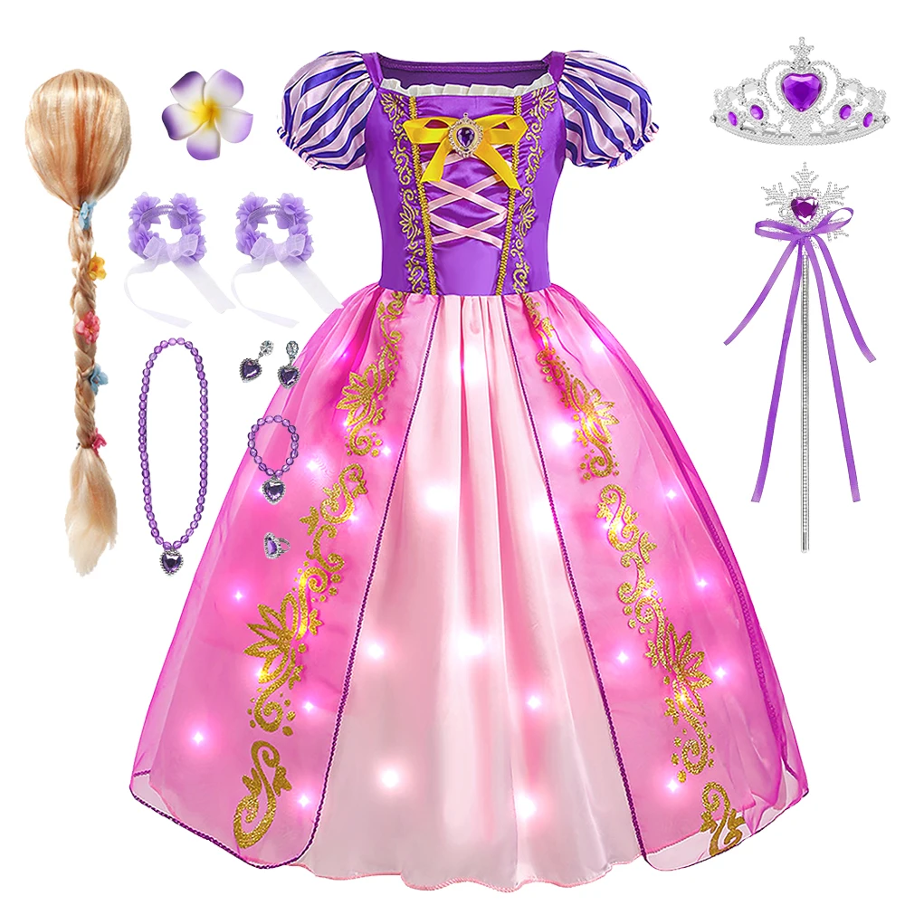 Disney Rapunzel Dress Girls LED Lights Up Dress Kids Princess Dresses Rapunzel Cosplays Costumes Carnival Children Clothing