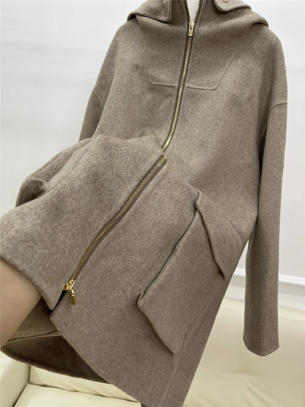 2024 L*P Cashmere Wool Hooded Jacket Drawstring Slim Waist Coat Autumn Winter New