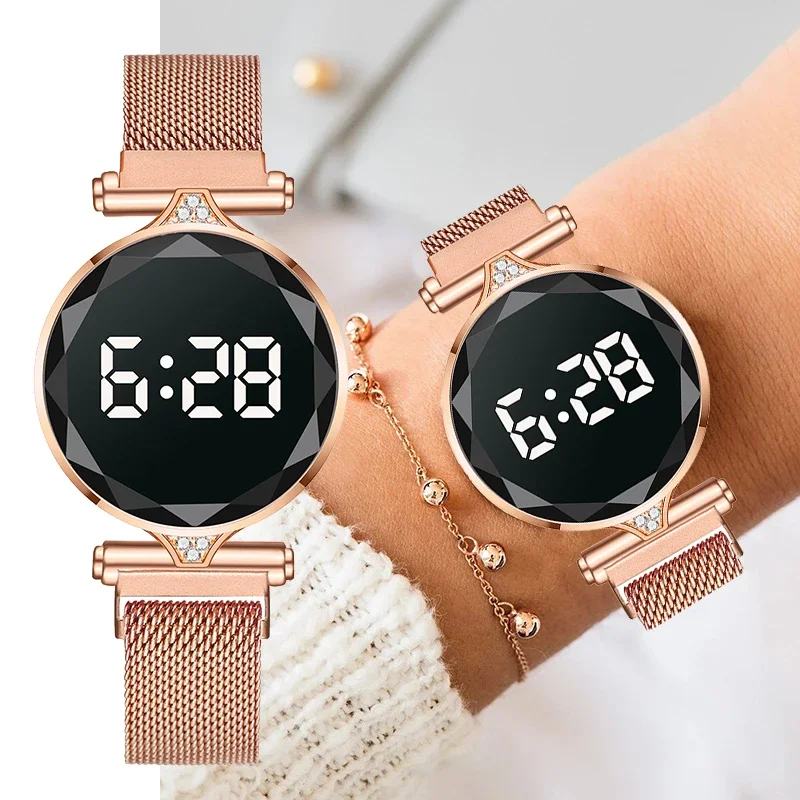 2024 Luxury Women Watches Rose Gold Stainless Steel Ladies Wristwatch LED Digital Watch for Women Electronic Clock Reloj Mujer