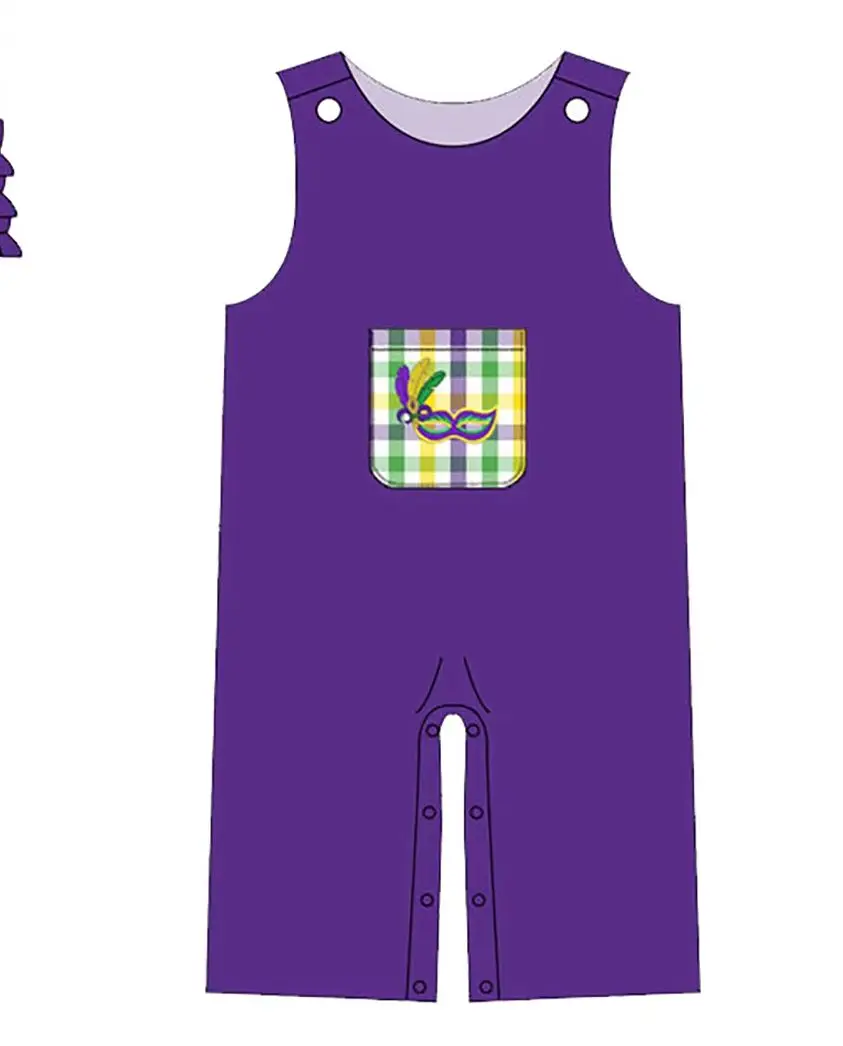 Kids Mardi Gras Outfit Purple Mask Print Gingham Ruffle Pants Set Jumpsuit Toddler Baby Carnival Boutique Clothing view 5
