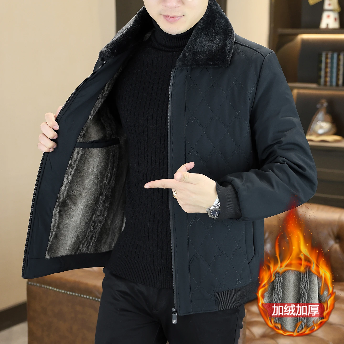 Middle-aged dad's thickened and fleece coat men's jacket cotton-padded clothes for middle-aged and elderly people in winter