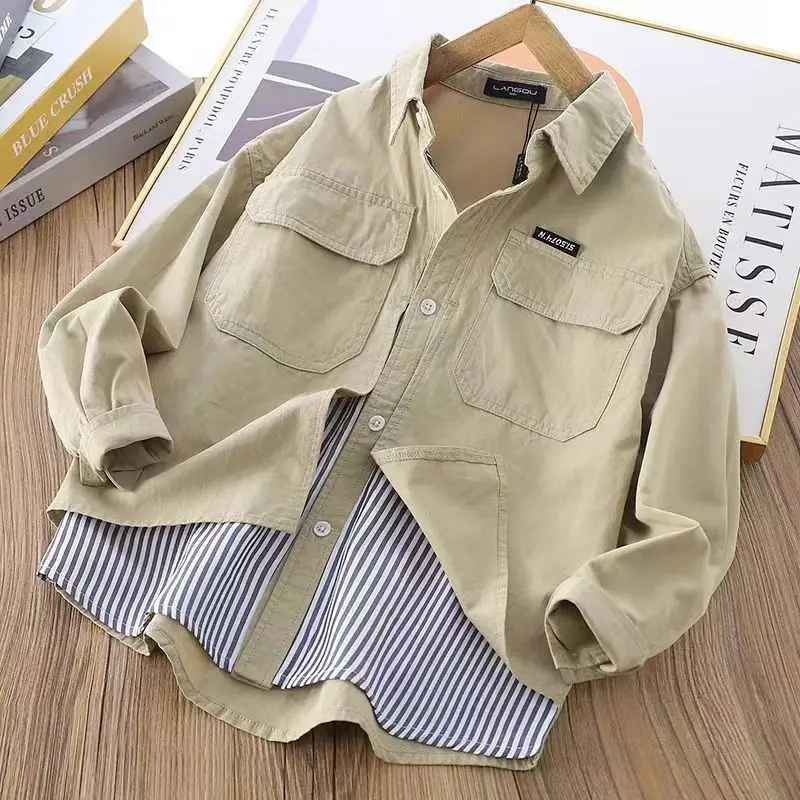 Boys Casual Cotton Shirt Spring Autumn Loose Fit Trendy Button Up Top Streetwear
