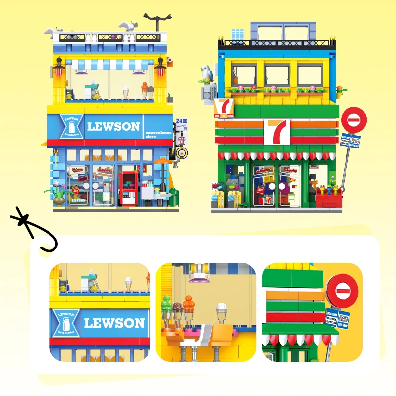 Street scene convenience store model desktop ornament, architectural model building blocks toys, children's holiday gift.