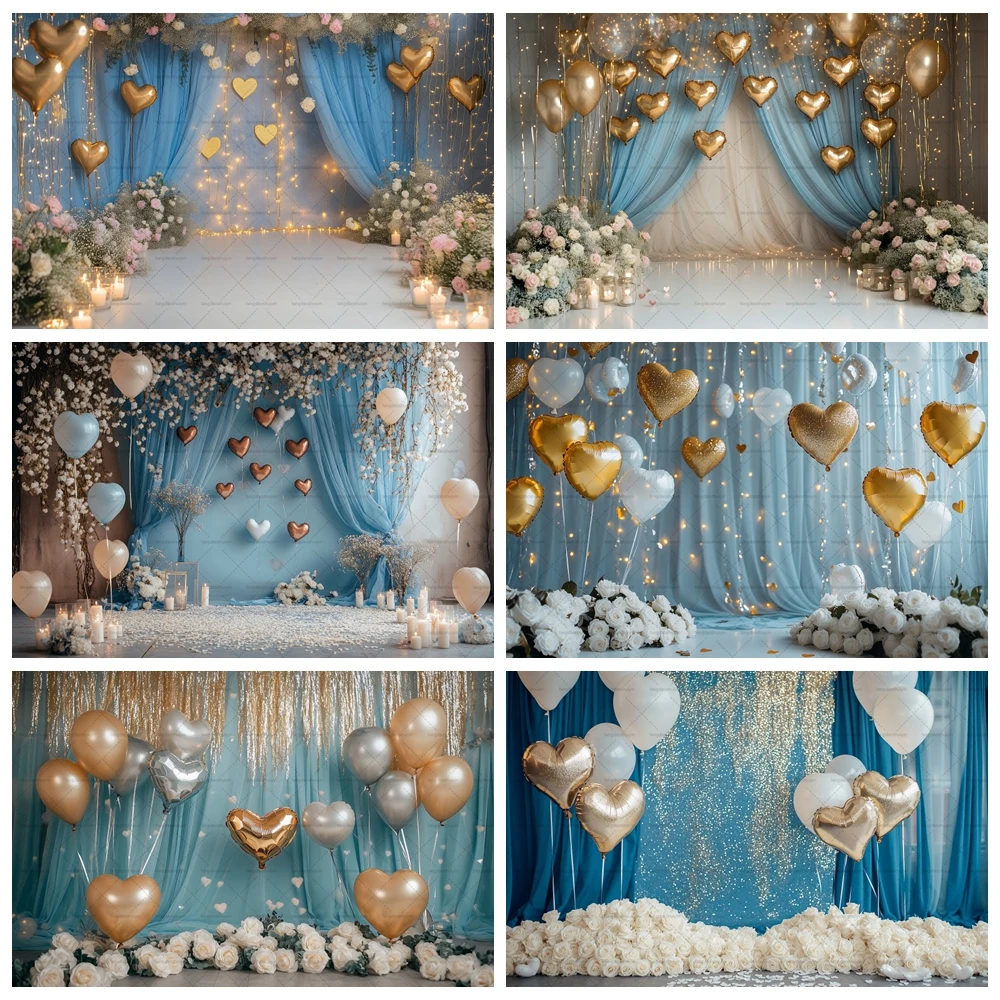 

Valentine's Day Blue Gold Heart Child Adult Birthday Party Portrait Decoration Background Banner Photography Studio Supplies