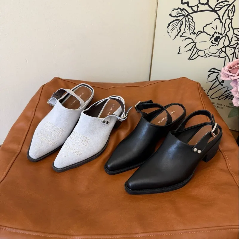 

Cow Velvet Pointed Muller Shoes Women's New Spring and Summer Thick Heel Bag Head Single Half Slippers Fashion