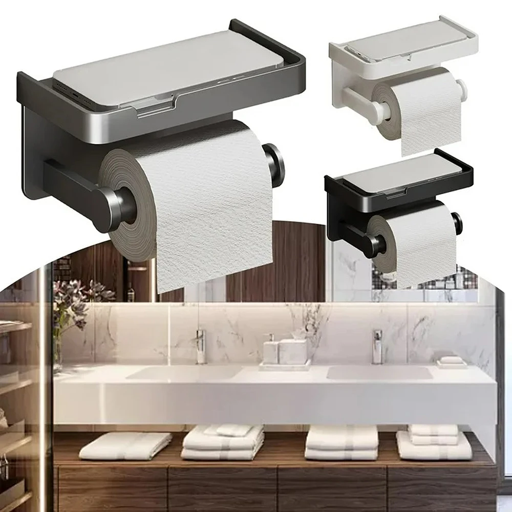 

Space Aluminum Toilet Paper Holder with Bathroom Shelf No Drill Toilet Roll Holder Wall Mount Self-Adhesive Storage Rack