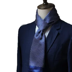 Men's 100% Mulberry Silk Scarf  Polka Dot Double Layer Long Neckerchief Cravat Office Travel Blue