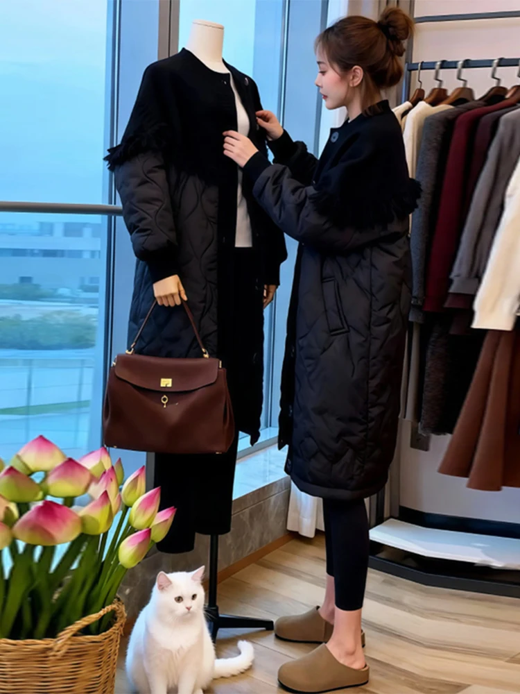 

Модный вязаный хлопковый жакет с элементами комбинирования, женский свободный удлиненный пальто-миди, весна-осень, новинка, корейская версия, с пуговицами