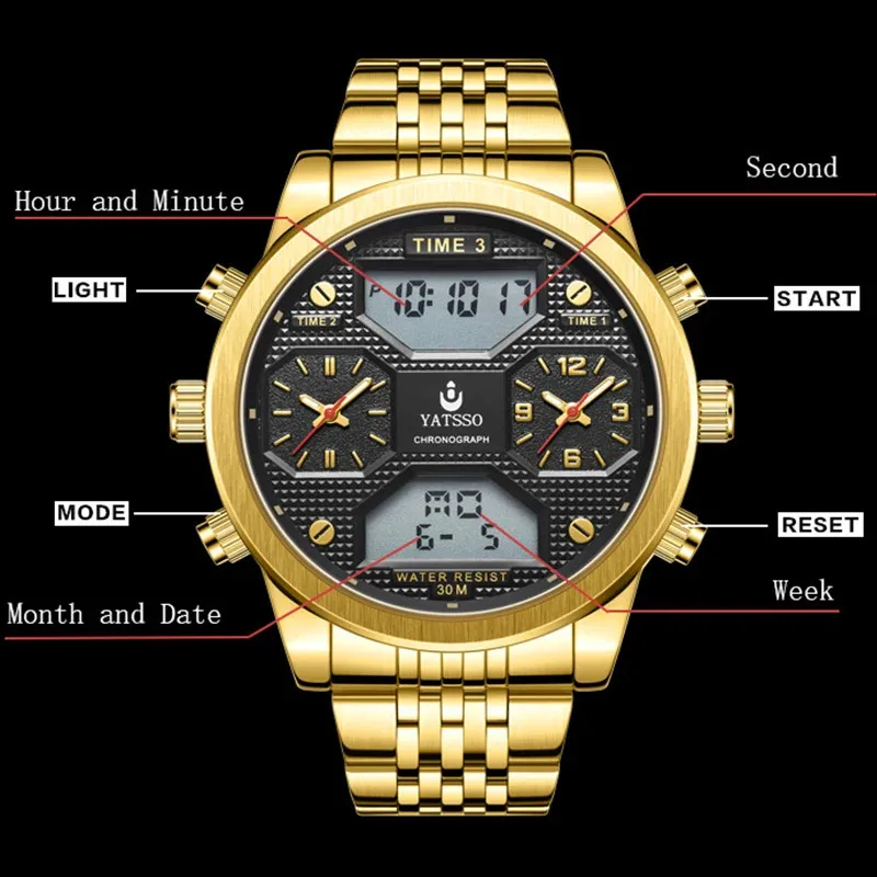 YATSSO Fashion Luxury Watches For Men Chronograph 3ATM Waterproof Sports Watches Stainless Steel Bracelet Quartz Wrist Watch