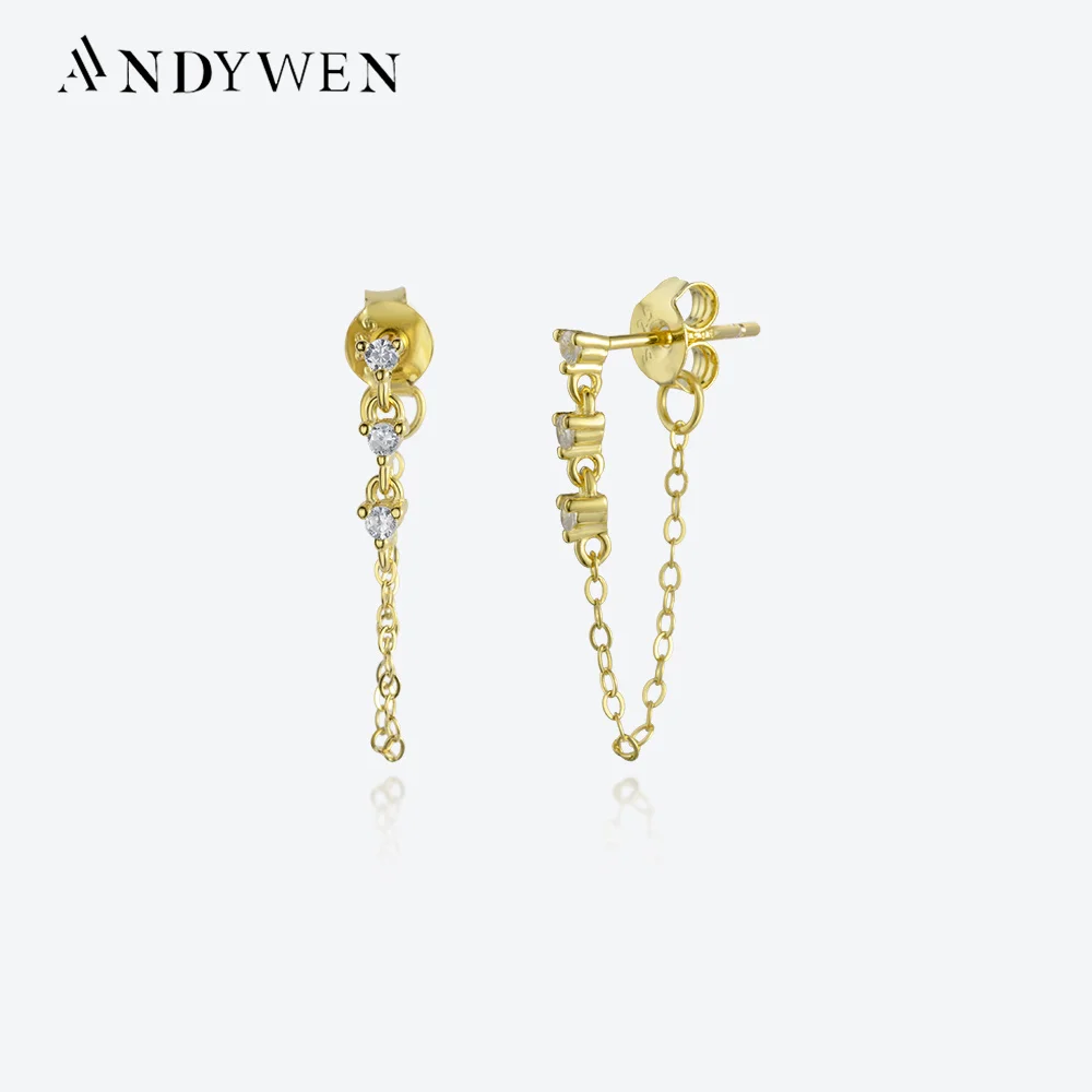 ANDYWEN 925 Sterling Silver Gold Zircon CZ Stud Earring Chain Piercing Pendientes Luxury Fine Jewelry 2023 Wedding Spring Jewels