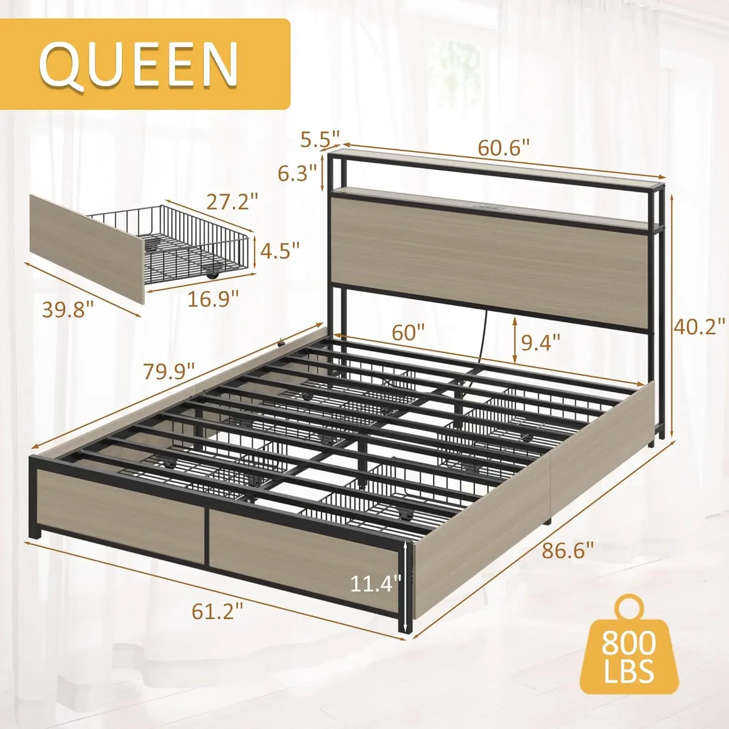 Queen Bed Frame with 2-Tier Storage Headboard, Metal Platform Bed Frame with 4 Storage Drawers, Built in Charging Station & LED