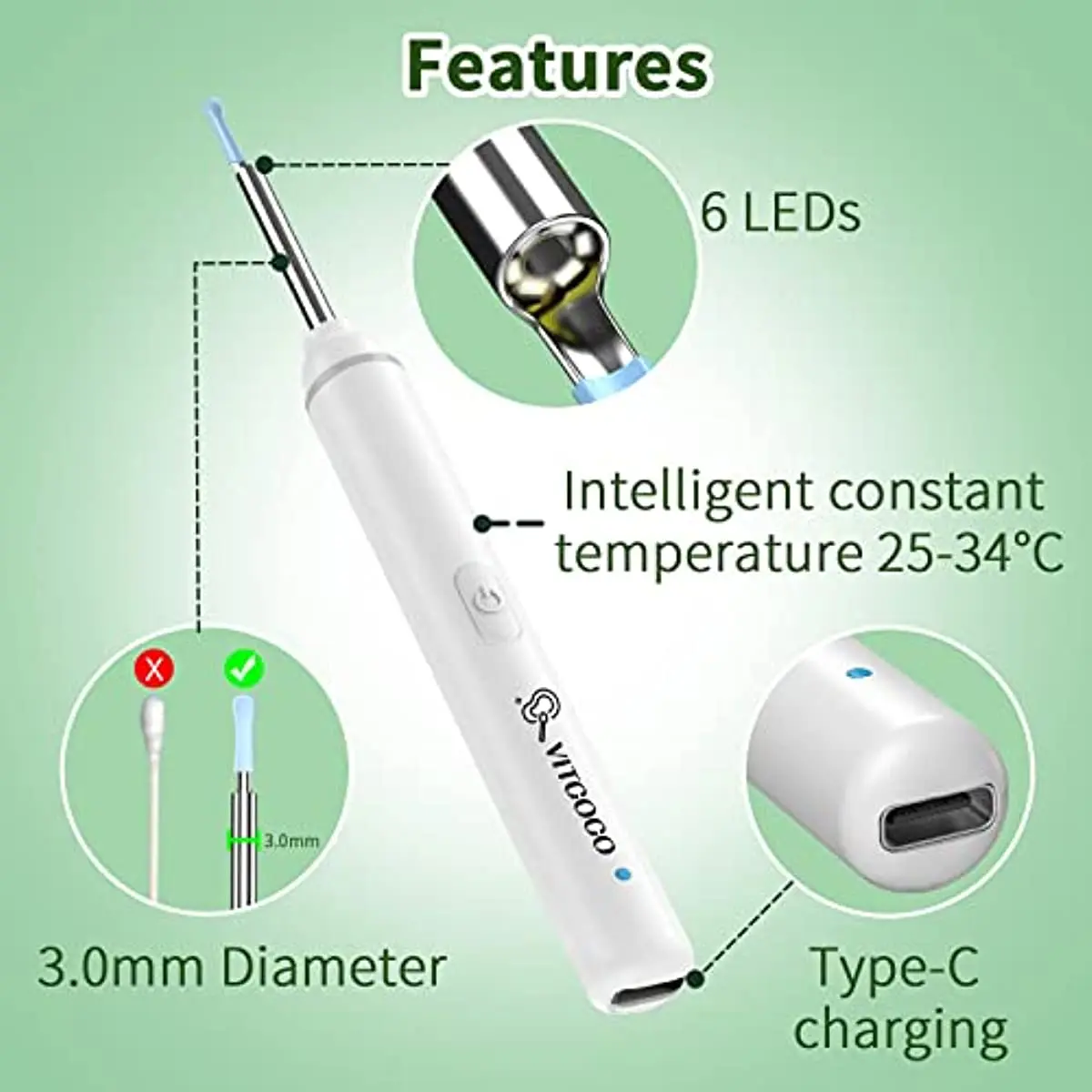 Ear Wax Removal Kit 1920P Wireless Ear Cleaner with Camera with 6 LED Lights 3mm Visual Ear Otoscope for iPhone, Android, iPad